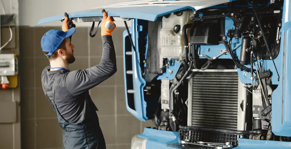 Electro trading mechanic repairing diesel engine scania truck